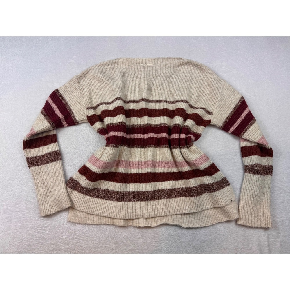 Peyton Jensen Striped Knit Sweater Cream Burgundy Pink Metallic Glitter Large